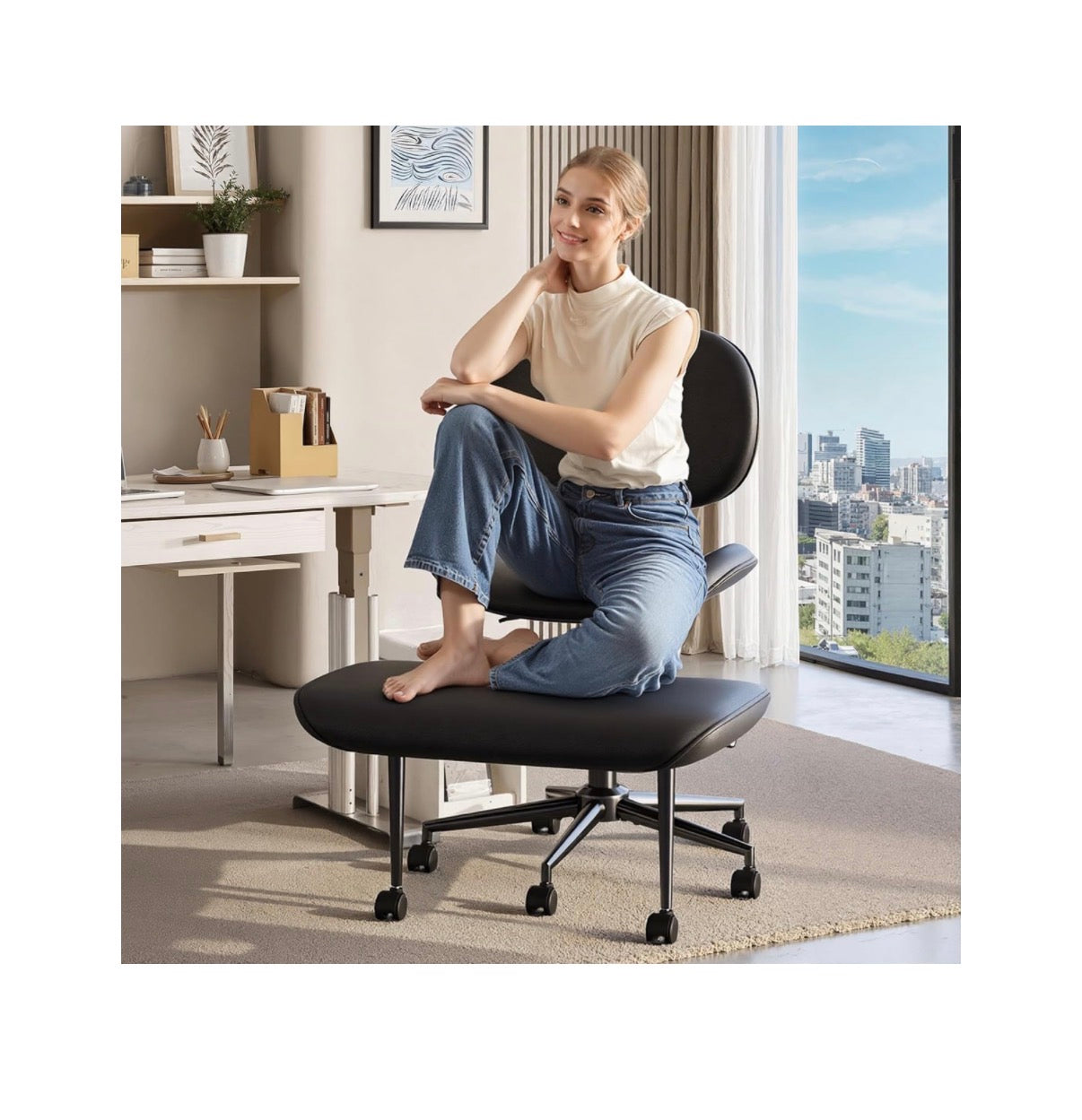 Pinmoco Upgraded Cross Legged Office Chair with Wheels, ADHD Chair for Adults, Wider Height Adjustable Backrest and Seat, Meditation Chair, Ergonomic & Yoga Office Chair (PU Leather Black) (New in Box)