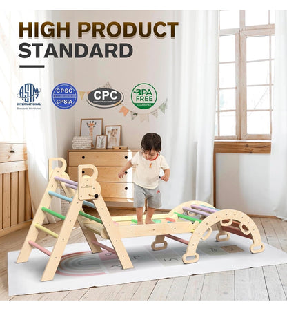 Pikler Triangle Set with Safe Handle, Climbing Toy for 1-3 Years Patented Safety Design, Foldable 7-in-1 with Wooden Car, standard Size (Rainbow) (New in Box)
