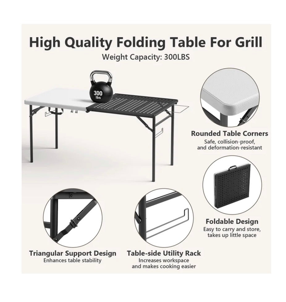 5 Foot Folding Camping table with Metal Grid Grilling Surface, Portable Outdoor Grill Stand Table with Handle for BBQ, Grilling, Camping Trip, RV, Pinic, Backyards, Tailgating (New in Box)