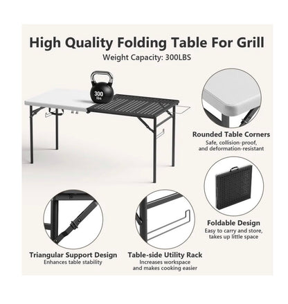 5 Foot Folding Camping table with Metal Grid Grilling Surface, Portable Outdoor Grill Stand Table with Handle for BBQ, Grilling, Camping Trip, RV, Pinic, Backyards, Tailgating (New in Box)