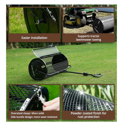 Compost Spreader 44 Inch Towable Peat Moss Spreader with Installation Accessories, Metal Mesh Roller Lawn Spreader for Top Soil, Manure, Mulch, Top Dressing-Garden Spreaders for Lawns