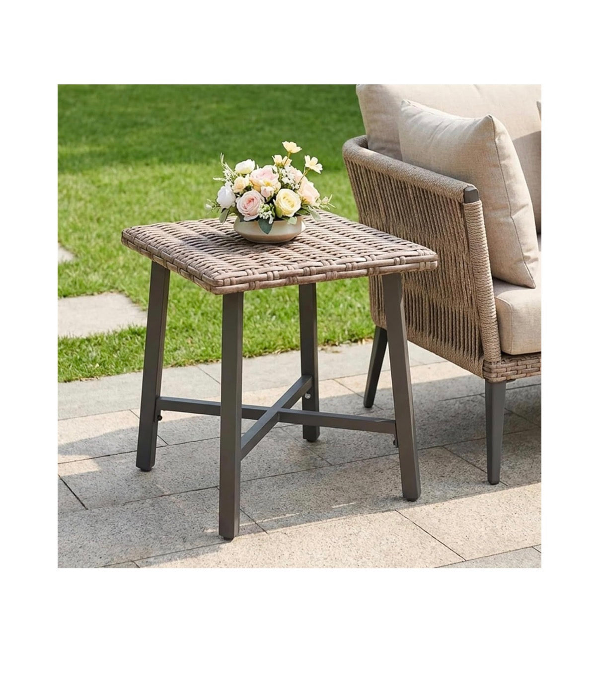 Rattan Side Table for Outdoor, Small Patio Table for Porch, Garden, Deck Balcony End Table with Handwoven Wicker Design, Compact Square Accent Table (Gray) (New in Box)
