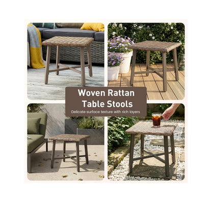 Rattan Side Table for Outdoor, Small Patio Table for Porch, Garden, Deck Balcony End Table with Handwoven Wicker Design, Compact Square Accent Table (Gray) (New in Box)