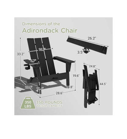 Folding Adirondack Chairs Set of 2, All Weather Outdoor Patio Chairs with Cup Holder and 360 Degrees Rotating Multifunctional Holder, Plastic Fire Pit Chairs for Backyard (Black) (New in Box)