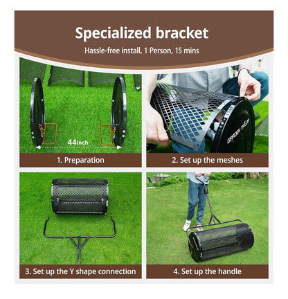 Compost Spreader 44 Inch Towable Peat Moss Spreader with Installation Accessories, Metal Mesh Roller Lawn Spreader for Top Soil, Manure, Mulch, Top Dressing-Garden Spreaders for Lawns