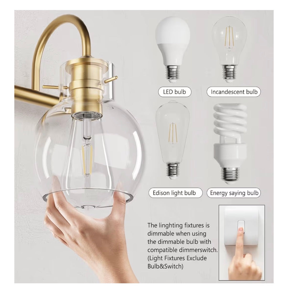 Primeplus Gold Vanity Light 3 Light Bathroom Light Fixtures, Modern Bathroom Vanity Lights Fixtures Over Mirror with Clear Gloe Glass Shade, Gold Wall Sconces for Bathroom Hallway E26 Base