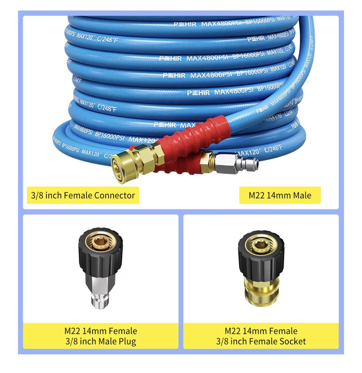100 Ft Pressure Washer Hose 3/8 Inch 4800 PSI, Kink Resistant Industrial Grade Hose with Quick Connect Ends and Adapters for Hot & Cold Water Steel Wire Braided Hose for Power Washing