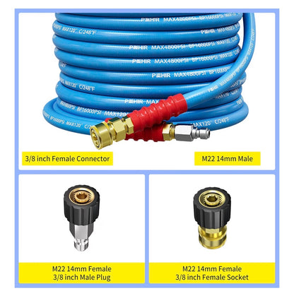 100 Ft Pressure Washer Hose 3/8 Inch 4800 PSI, Kink Resistant Industrial Grade Hose with Quick Connect Ends and Adapters for Hot & Cold Water Steel Wire Braided Hose for Power Washing