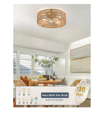 Boho Caged Flush Mount Ceiling Fan with Lights and Remote Control Hand Woven Rattan Chandelier with 6 Speeds Reversible and Timer Enclosed Design for Living Room, Bedroom, or Dining Room (New in Box) (Gold)