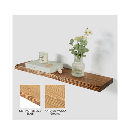 24 Inch Live Edge Floating Shelves for Wall Set of 2, Solid Finish Spruce Natural Wood Floating Shelves, Thick Rustic Edge Shelves for Bathroom, Kitchen, Living Room, Decor (Brown Finish) (New in Box)