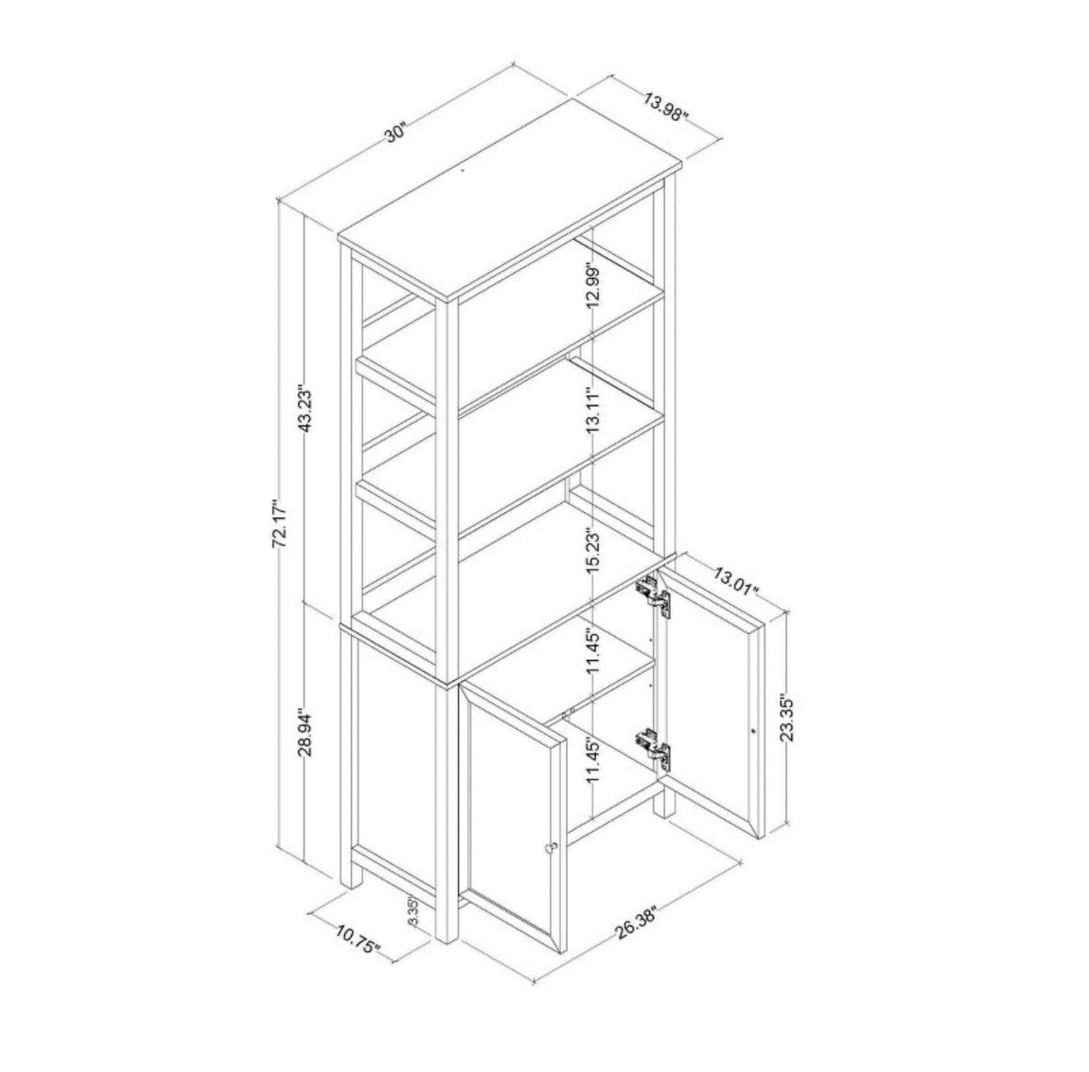 72 Inch Bookcase Traditional with Three Open Shelves and Cabinet (White) (New in Box)