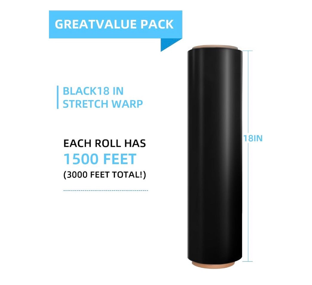 18 Inch Black Stretch Wrap Roll, Heavy Duty 18 Inch 1500 Ft. Shrink Wrap, 4 Pack Industrial Strength, 80 Gauge Stretch Film, Self Adhesive Cling, Plastic Wrap for Pallet Wrapping Shipping Moving Furniture (New in Box)