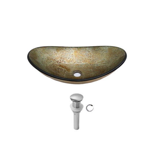 Glass 14 Inch Vessel Oval Modern Antique Gold Bathroom Sink with Drain (New in Box)