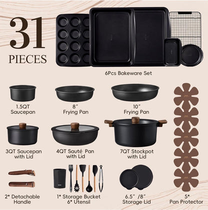 Carote 31 piece pots and pan set - non stick, detachable handle cookware- black