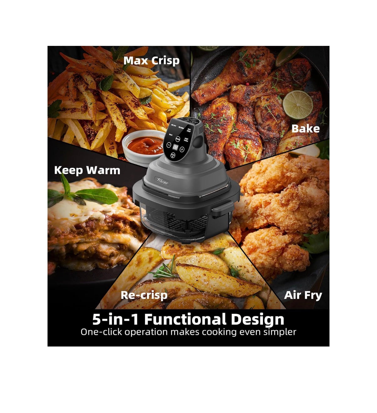 5-in-1 Glass Air Fryer for Zero-Oil Healthy Cooking, Space Saving 1500W Countertop Cooker with 4 QT 6 Cup Glass Bowl, Non-ToxicSafe & Dishwasher Friendly for Small & Large Family Meals (Gray) (New in Box)