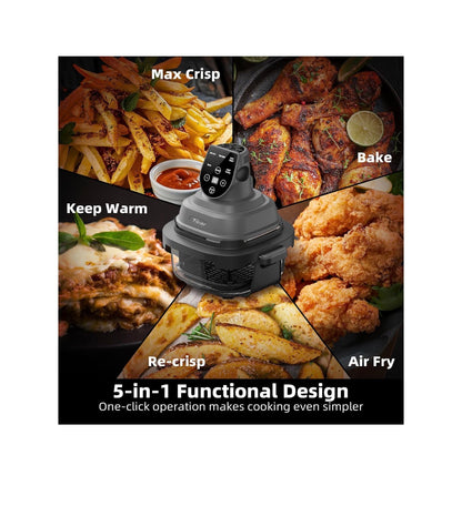 5-in-1 Glass Air Fryer for Zero-Oil Healthy Cooking, Space Saving 1500W Countertop Cooker with 4 QT 6 Cup Glass Bowl, Non-ToxicSafe & Dishwasher Friendly for Small & Large Family Meals (Gray) (New in Box)