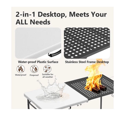 5 Foot Folding Camping table with Metal Grid Grilling Surface, Portable Outdoor Grill Stand Table with Handle for BBQ, Grilling, Camping Trip, RV, Pinic, Backyards, Tailgating (New in Box)