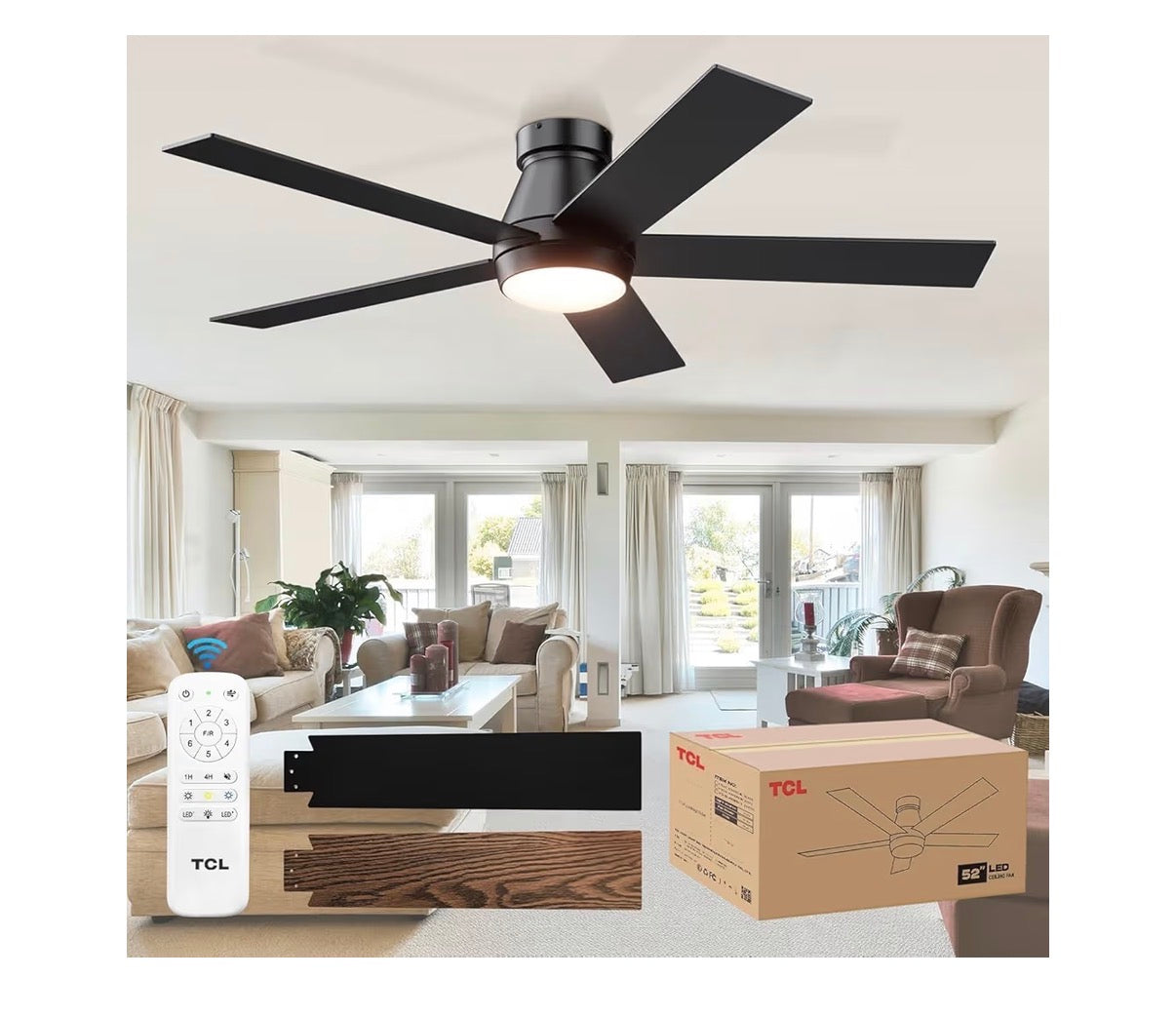 TCL 52 Inch Ceiling Fan with Lights, Blck Flush Mount Ceiling Fans with Remote Control, 6 Speeds DC Reversible, Dimmable, Noiseless, Low Profile Ceiling Fans for Bedroom (Black) (New in Box)