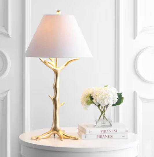 Jonathan Galen Resin Transitional 33.5" Gold Leaf LED, rotary socket table lamp with linen shade