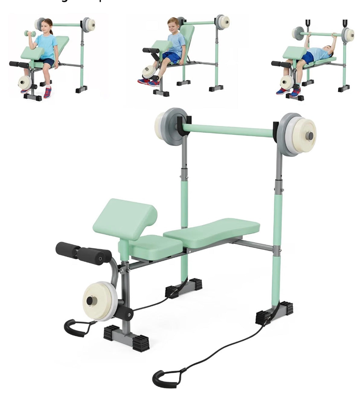 Heypappy Kids Workout Equipment - adjustable kids workout  bench with preacher pad & leg developer, fillable weight plates for home gym fitness  & exercise