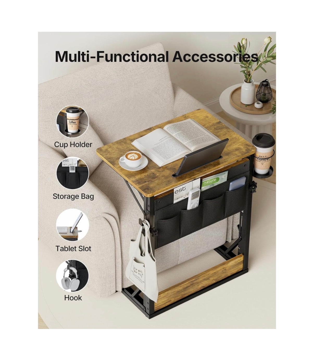 Adjustable TV Tray Table with Cup Holder, Storage Bag & Table Slot Easy Assembly TV Dinner Tray Table, 21.6 Inch Foldable Table Tray, TV Trays for Eating on Couch, Bed & Chair (New in Box)