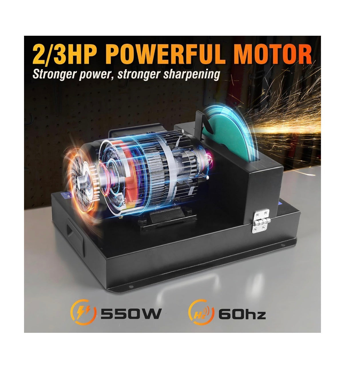 Lawn Mower Blade Sharpener 2/3 HP 550W, 20 Sandpapers 60&180 Grit Lawnmower Blade Sharpener with 7 Inch Grinding Wheel Blades Grinder Blade Sharpening Machine for High/Low Lift, Gator & Flat Blade