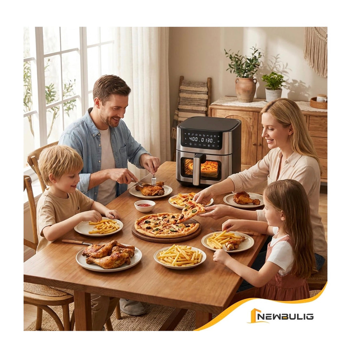 NEWBULIG Air Fryer 6.34 Qt. Air fryer with Visible Window 400 Degrees Fahrenheit Fast Heating Stainless Steel Air Fryers Oven with Nonstick and Dishwasher Safe Basket 8-in-1 Cooking Preset with Timer Auto-Off (Jet Black) (New in Box)