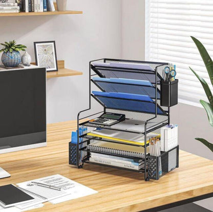 16.75 Inch X 16.75 Inch 7 Tier Desk File Organizer, Letter Tray Paper Organizer and Pen Holder and Metal Hanging Basket (Black)