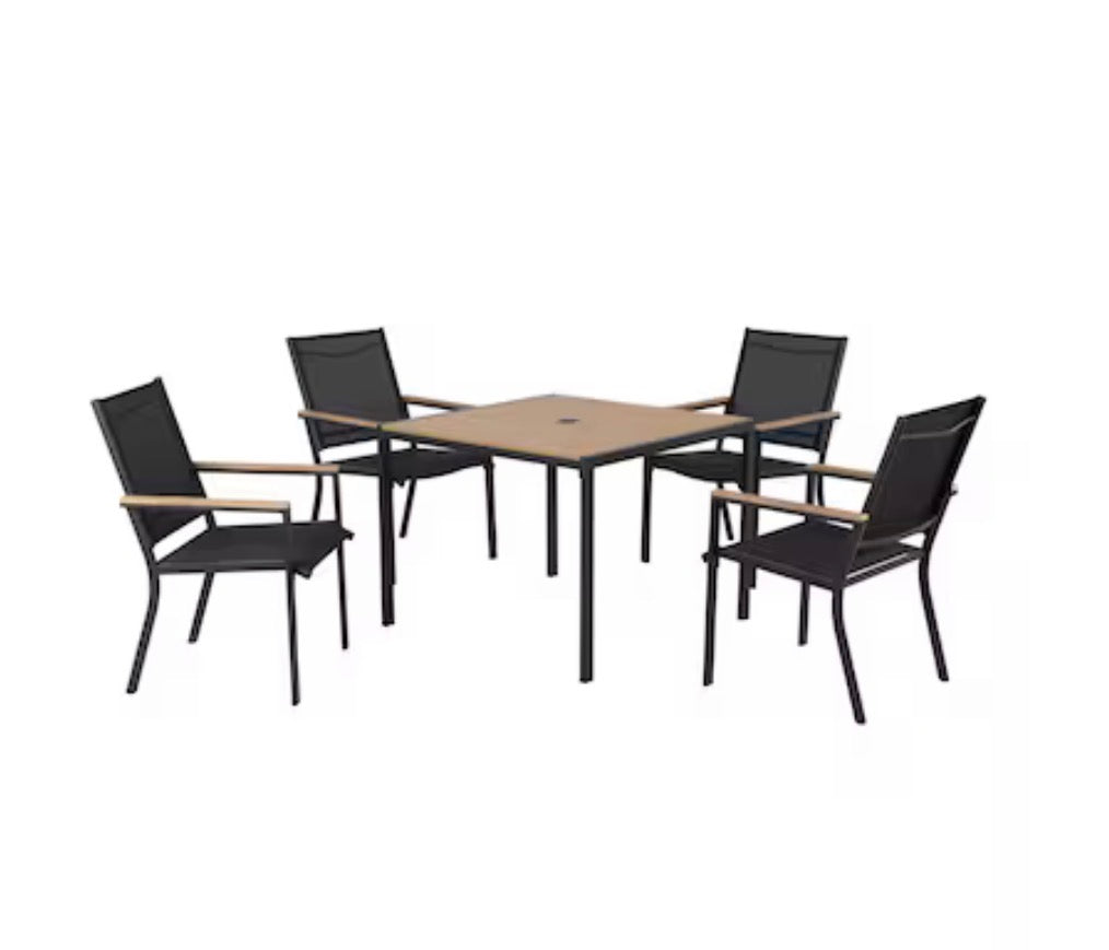 Style Selections Wade 5 Piece Black Patio Dining Set Steel Square Table with 4 Black Stationary Chairs (in box)