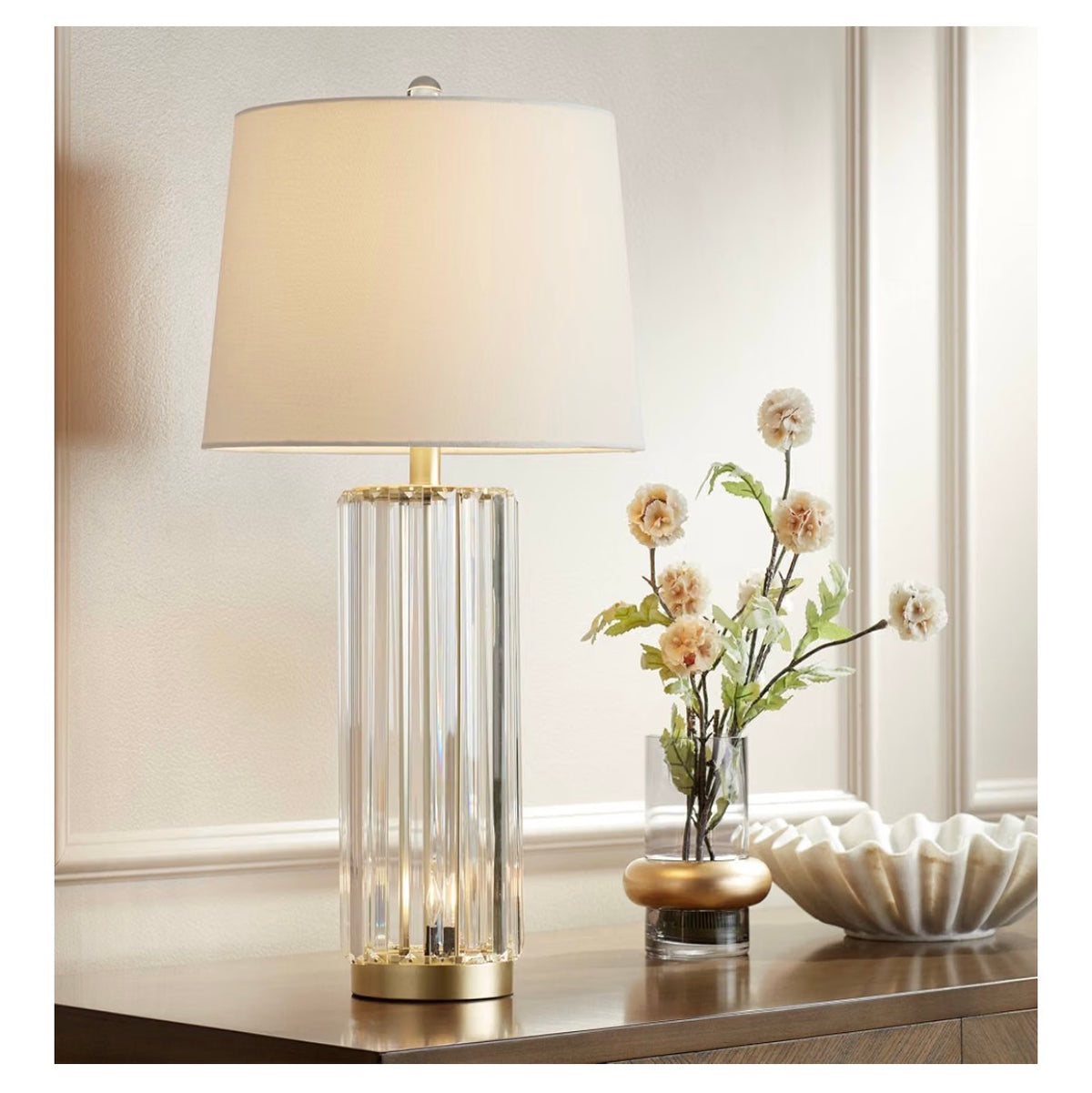 Rivera 27 3/4-Inch-Tall Table Lamp Gold Vintage Glass Rod Night Light LED Modern Traditional Nightlight Clear Bedroom, Living Room, Nightstand, Bedside, Office, Kids White Tapered Drum Shade (New in Box)