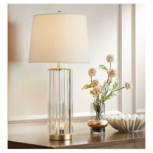 Rivera 27 3/4-Inch-Tall Table Lamp Gold Vintage Glass Rod Night Light LED Modern Traditional Nightlight Clear Bedroom, Living Room, Nightstand, Bedside, Office, Kids White Tapered Drum Shade (New in Box)