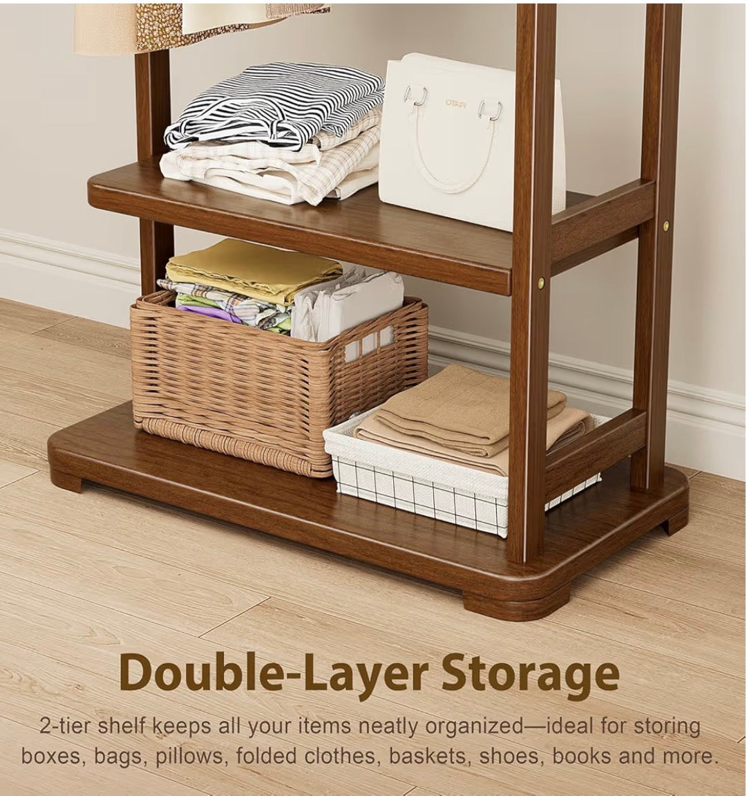 Coat Rack Solid Wood Clothes Rack with Two Shelves & Four Hooks for Hanging Clothes, Garments, and Hats