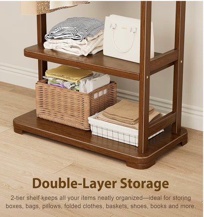 Coat Rack Solid Wood Clothes Rack with Two Shelves & Four Hooks for Hanging Clothes, Garments, and Hats