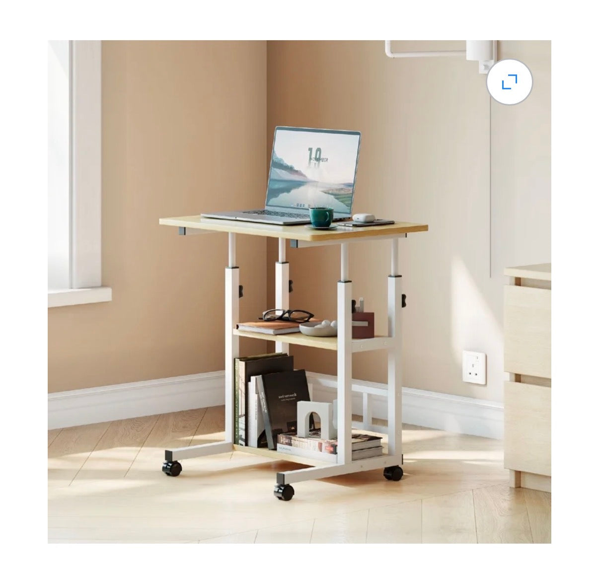 Portable rolling Desk on Wheels, Height Adjustable Desk with 2 Tier Storage Shelves, Standing Table for Office (Natural color) (New in Box)
