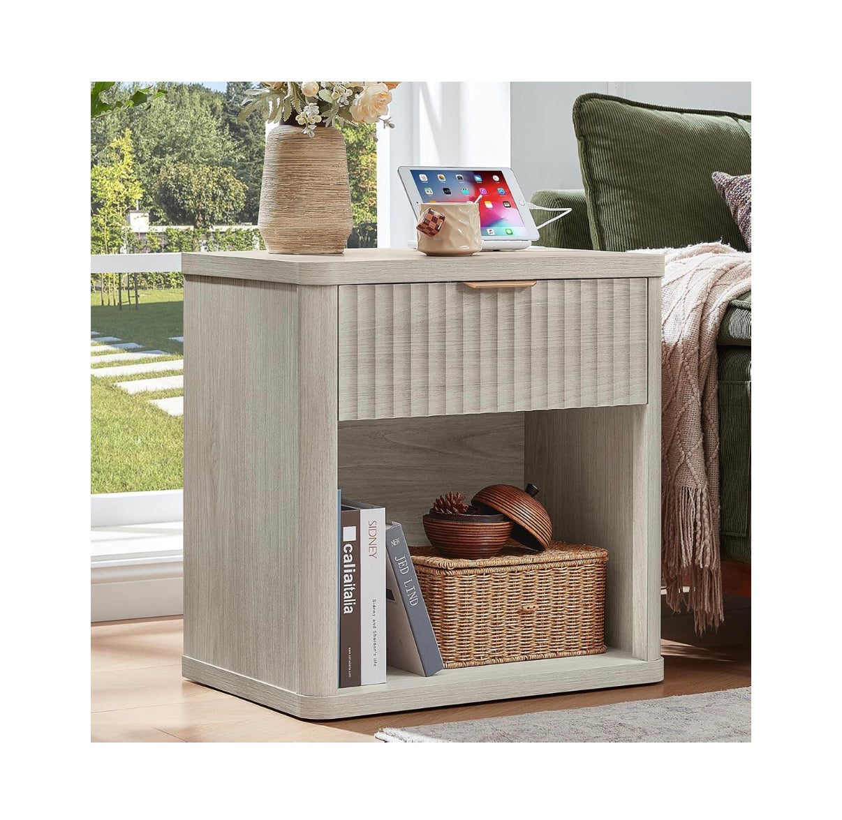 Fluted Nightstands with Charging Station, 23 Inch Wide with 1 Drawer Nightstand, End Table with Open Storage, Farmhouse Bed Side Tables Wood Dresser for Bedroom, Livingroom, Closet (Light Gray) (New in Box; Needs to be Assembled)