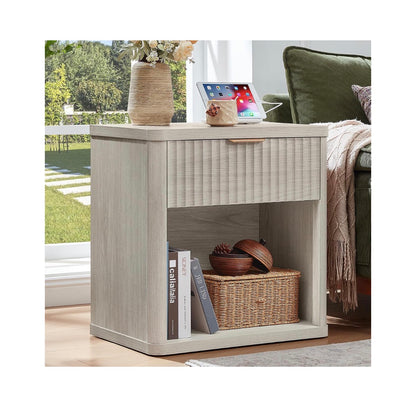 Fluted Nightstands with Charging Station, 23 Inch Wide with 1 Drawer Nightstand, End Table with Open Storage, Farmhouse Bed Side Tables Wood Dresser for Bedroom, Livingroom, Closet (Light Gray) (New in Box; Needs to be Assembled)