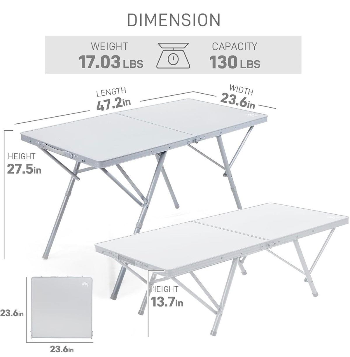 Ever Advanced Large Camping Table for 4-6 Person, Portable Folding Aluminum Table with Carrying Handle, Suitable for BBQ, Picnic, Camping and Indoor Use, Support up to 130lbs Silver (New in Box)