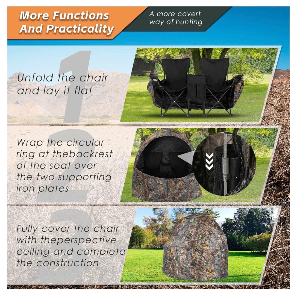 Hunting Chair Blind, 1/2 Man See Through Ground Blind, Camo Tent Built-In Chair, Portable Blind, One Way See Through, 1/2 Person, Camouflage with Carrying Bag, Hunting Blind, Hunting Gear (New in Box)
