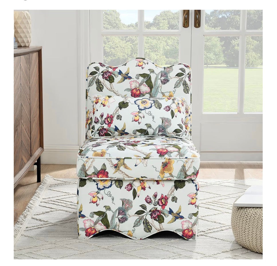 Flannel Upholstered Accent Chair-Retro Single Sofa Chair with Floral Pattern Armless Lounge Chair with Removable Cushion & Pillow (White with Floral Pattern) (New in Box)