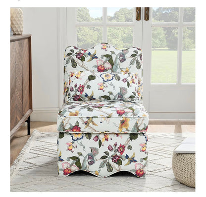 Flannel Upholstered Accent Chair-Retro Single Sofa Chair with Floral Pattern Armless Lounge Chair with Removable Cushion & Pillow (White with Floral Pattern) (New in Box)