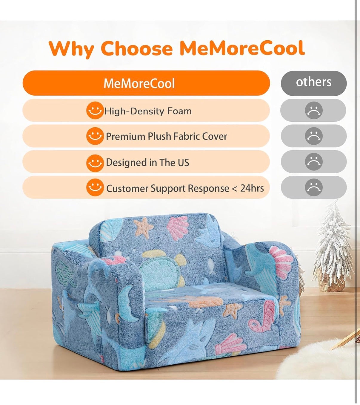 Glowing Ocean Kids Chair Glow in the Dark 2-in-1 Kids Couch Folds Out to a Floor Seat, Sea Life Foam Sofa with Seahorse Starfish Shell print, Washable Cover (New in Box)