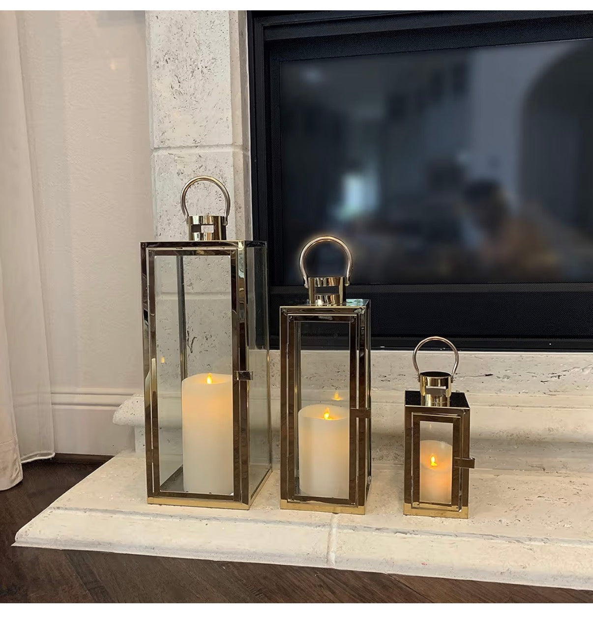 Allgala 3 Piece Lantern Set 23 Inch Jumbo Deluxe Modern Indoor/Outdoor Candle Lantern Set Stainless Steel Frame Tempered Glass Rectangular Gold Color for Garden Poolside, Fireplace, Wedding (New in Box)
