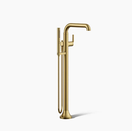 Floor Mount Bath Filler Trim with Handshower Vibrant Brushed Moderne Brass