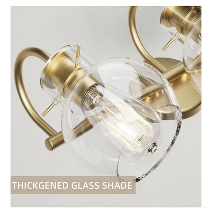 Primeplus Gold Vanity Light 3 Light Bathroom Light Fixtures, Modern Bathroom Vanity Lights Fixtures Over Mirror with Clear Gloe Glass Shade, Gold Wall Sconces for Bathroom Hallway E26 Base