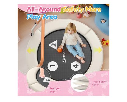 BCAN BT1 36 Inch Toddler Trampoline for Kids, Foldable Indoor Mini with Handlebar ASTM Certified Indoor Trampoline for Toddler, Baby, Adjustable Handlebar, Foldable Leg, Safety Pad Beige (New in Box)