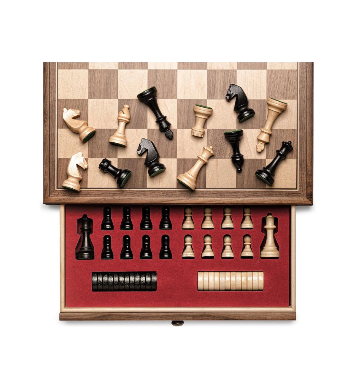 A&A 15 Inch Walnut Wooden Chess Set with Storage Drawer, Triple Weighted Pieces, 3.0 Inch King Height, 2 Etra Queen, Classic 2in 1 Chess and Checkers Board Game (New in Box)
