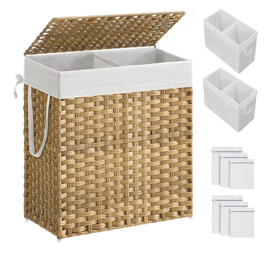 Sonmics Laundry Hamper with Lid, 110 Liter Clothes Hamper with 2 Removable Liner Bags, 6 Mesh Bags, Wicker Laundry Basket, Double Laundry Hamper for bathroom, 13 Inch X 22.4 Inch X 23.6 Inch (Natural)