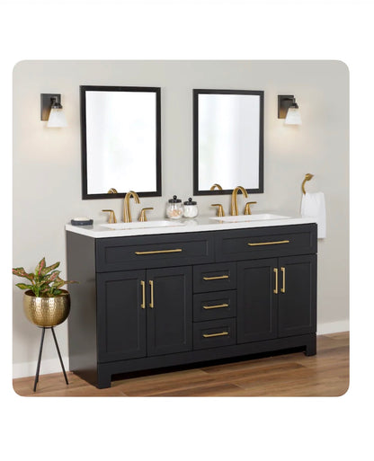 Cauley 60 Inch Black Double Sink Bathroom Vanity with White Cultured Marble Top (New in Box)