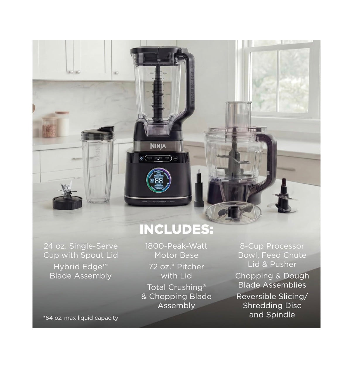 Ninja Kitchen System, Blendsense Tech, 72 Oz, 1800PW, For Smoothies, Cookie Dough, Salsa & More, 8 Cup Processor Bowl, 24 Oz Cup, (Black) (New in Box)
