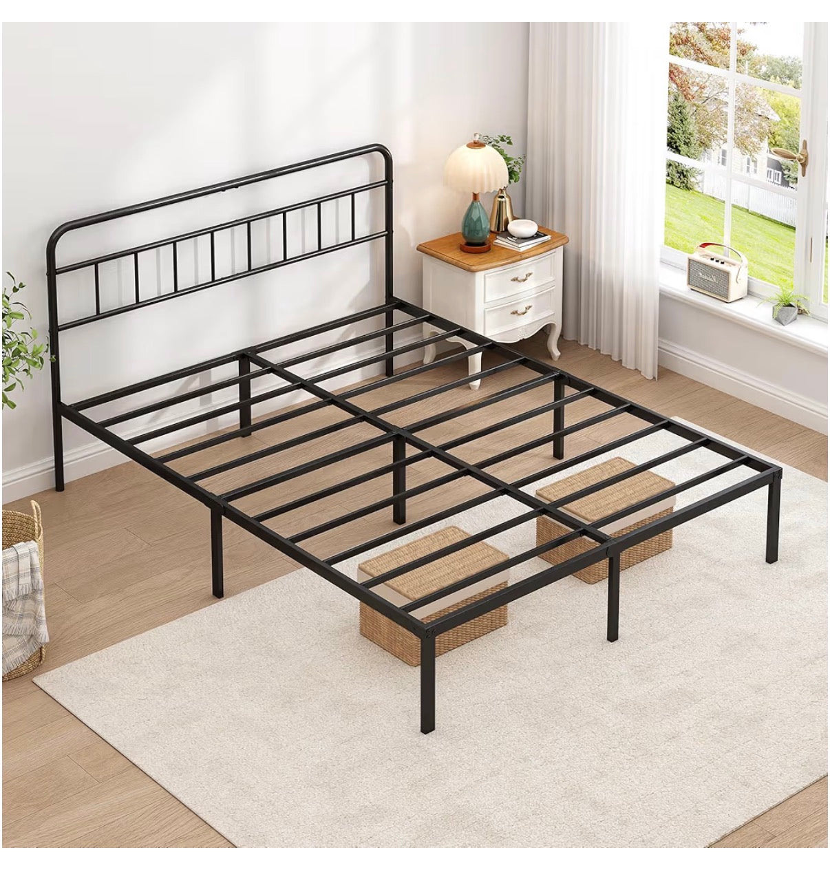 Queen Bed Frame with Classic Headboard, Strong Metal Slats Support, Under Bed Storage Space, No Box Spring Needed, Easy to Assemble (Black) (New in Box)